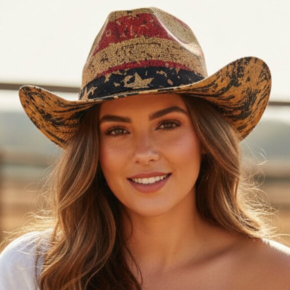 Tea Stained Paper Straw American Flag Fashion Cowboy Hat Vintage Look OS NWT - Picture 2 of 8